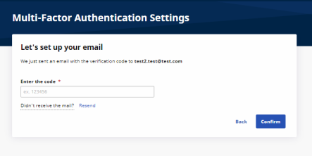 In the image, a field displays to enter the code received from the user's email address.